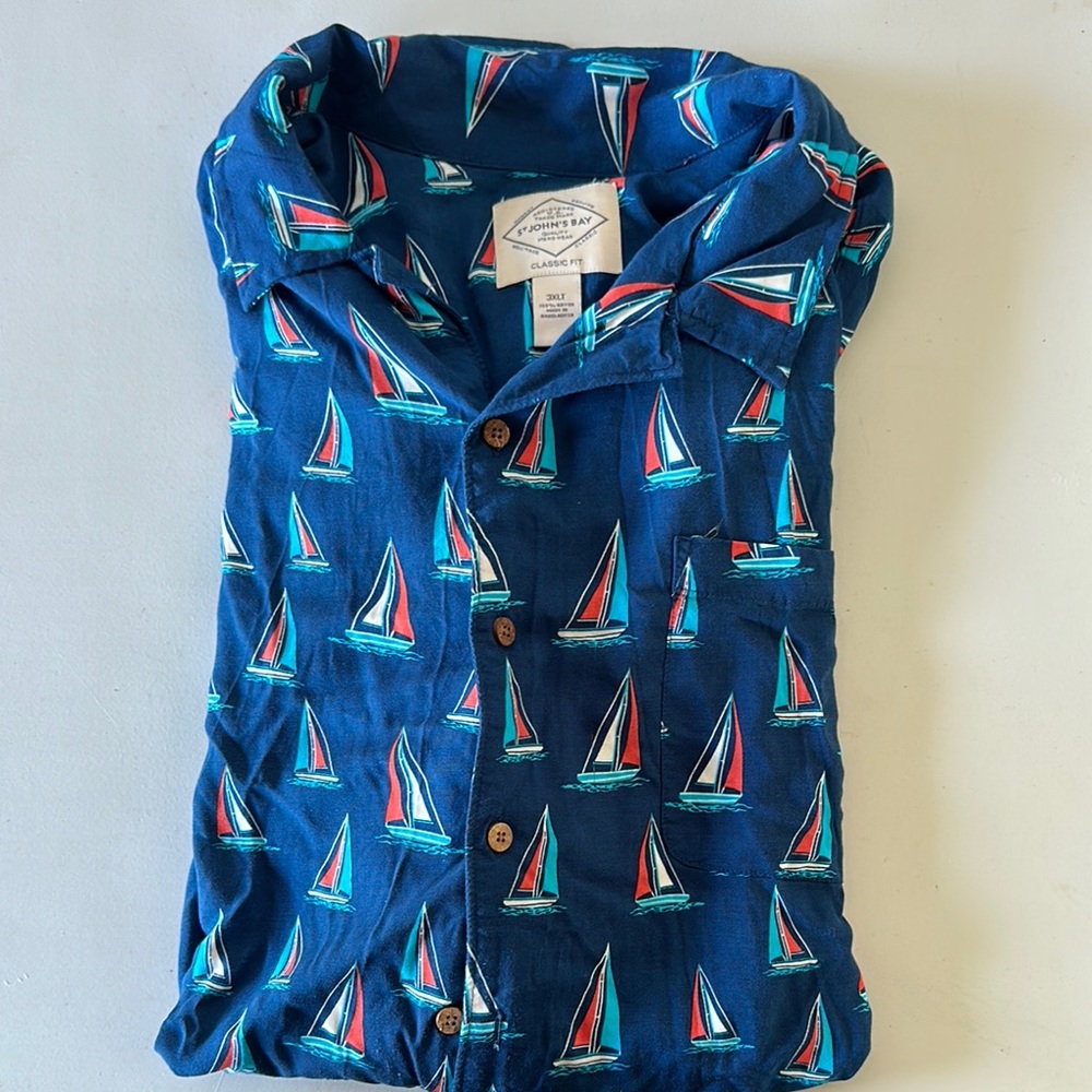 St. John's Bay Blue Sailboat Print Casual Button Down Shirt